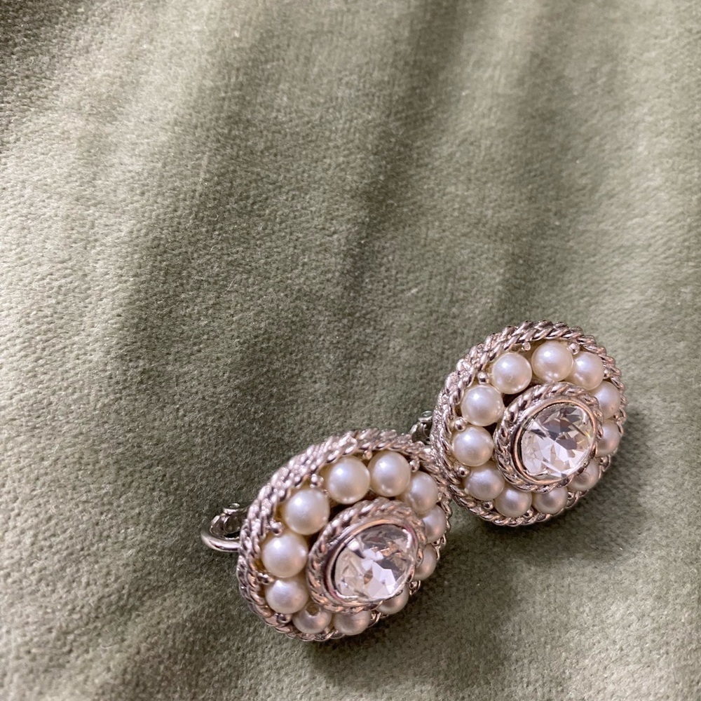 SAC earrings round pearl and rhinestone set in silver for pierced ears  #12-39 - Picture 3 of 6